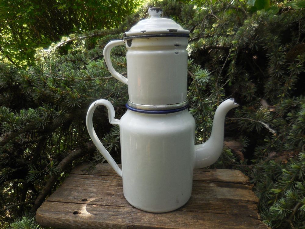 Cafetière Vintage Métal Émaillé Beige - Ancienne - Bon État