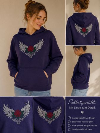 Strass Hoodie mit Flügel-Rosen-Motiv, Grösse S,M,L,XL