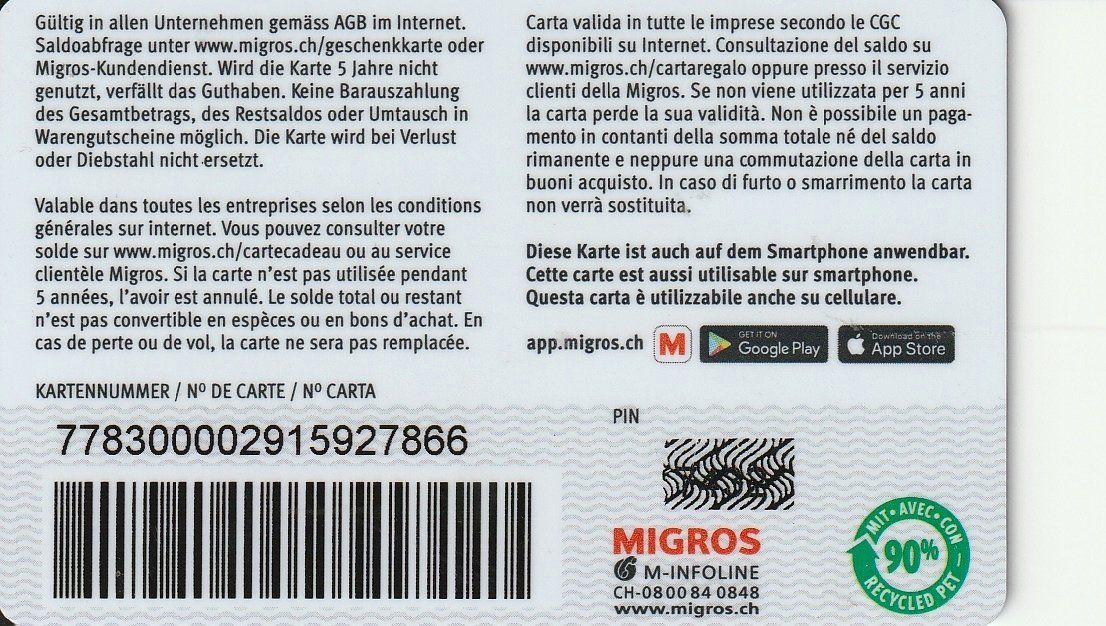 Karten: Geschenkkarte Migros – Gebraucht aus Uzwil von Grauhaar 1