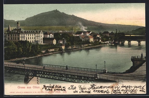 Cartoline postali: Olten, Teilansicht mit Brücken und Berg – Usato da Berlin venduto da bartko-reher