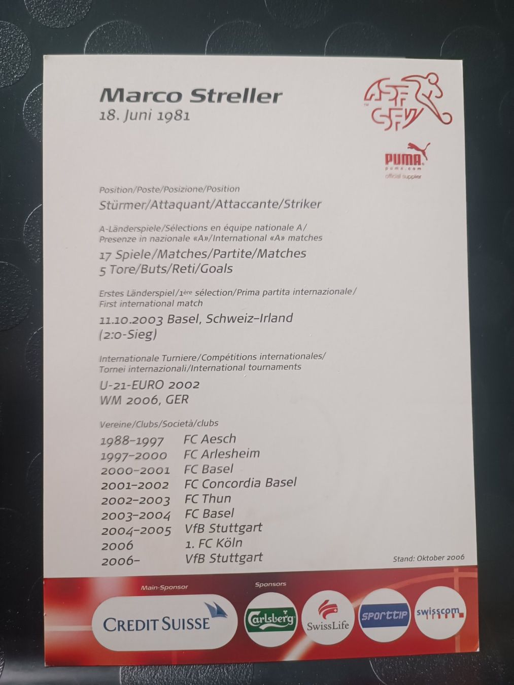 Autogramme: Marco Streller - SFV - handsignierte Autogrammkarte – Gebraucht aus Menziken von Artographs 1