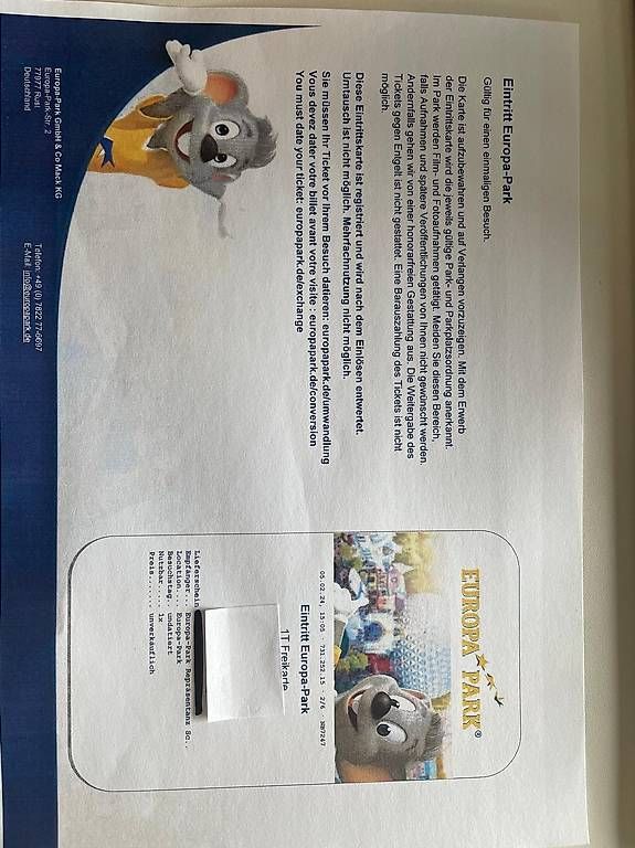 Tickets: 2 Tickets Europapark Rust – Neu (gemäss Beschreibung) aus Triesen von Chevalley