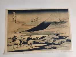 Estampe japonaise, paysage Mont Fuji, reprodution ancienne