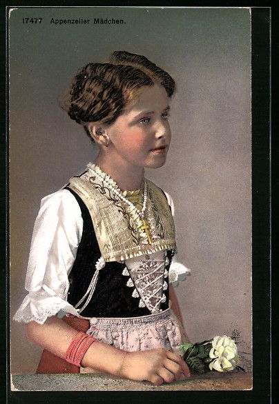 Cartoline postali: Appenzeller Mädchen in Tracht mit Blume – Usato da Berlin venduto da bartko-reher