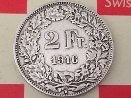 2 Franken 1916 ss+, selten nur 0,25 Mio!
