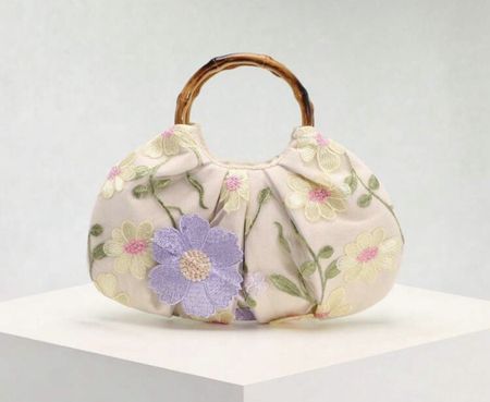 Sac main fantaisie fleuri beige bambou neuf