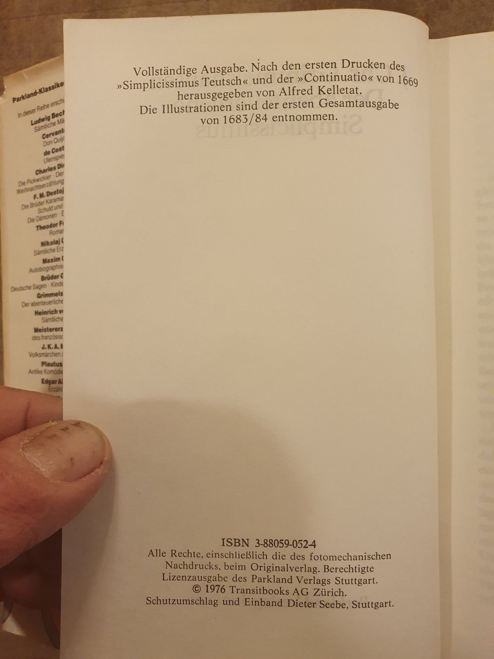 Libri: Grimmelshausen Simplicisu Simplicisssimus - Parkland – Usato da Zürich venduto da loosebone 1
