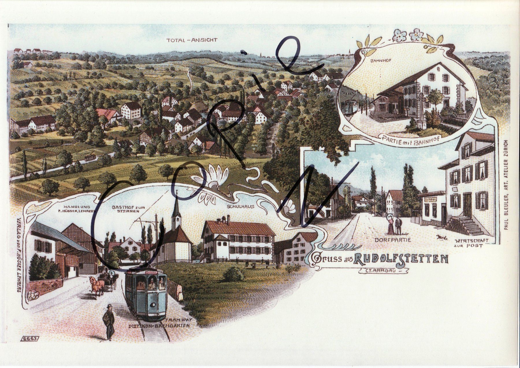 Cartoline postali: Rudolfstetten mit Tramway, (Lithoansicht um 1900,  keine AK) – Usato da Fällanden venduto da Blausegelfliege