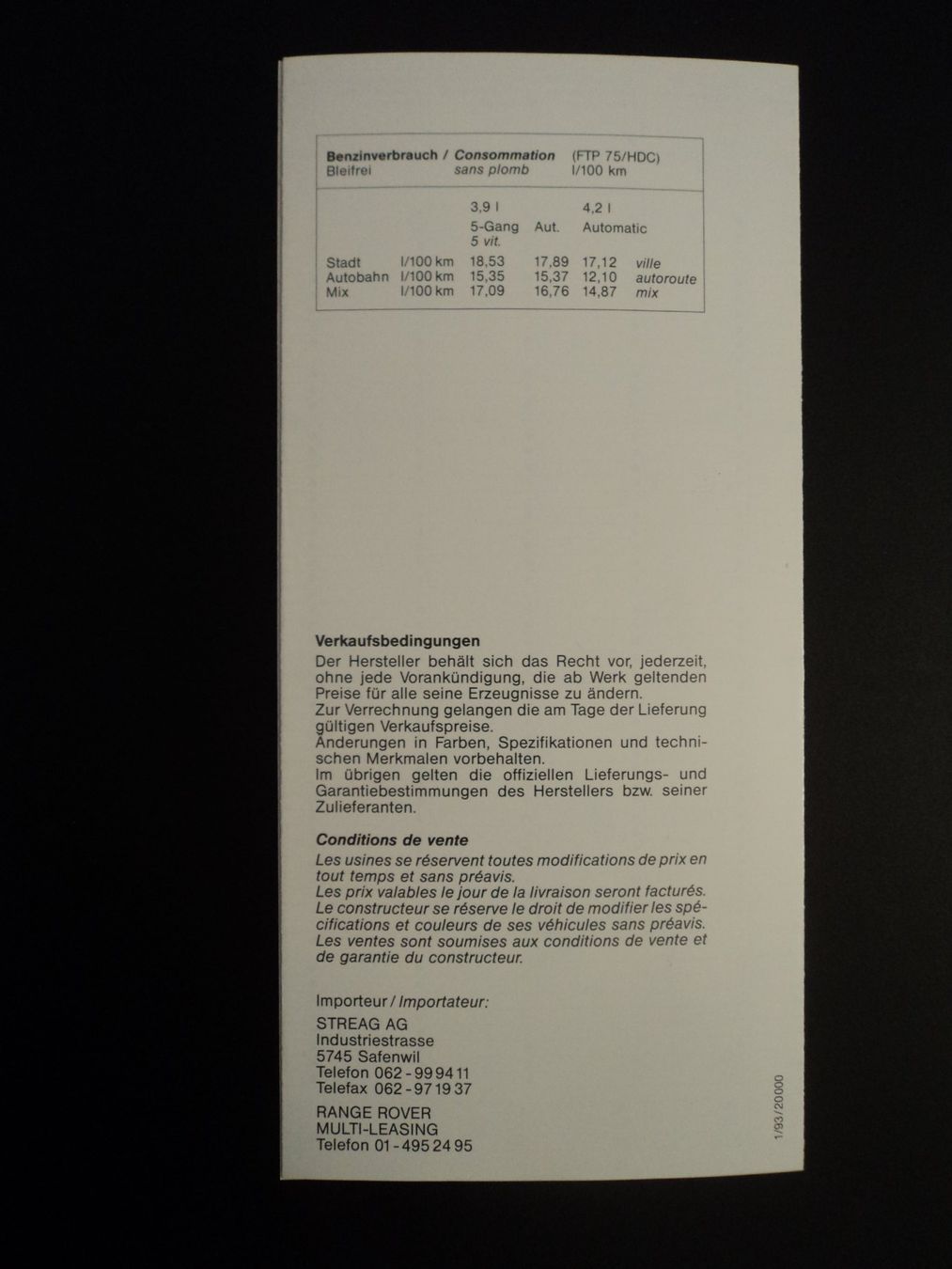 Land Rover Dokumente: Prospekt Preisliste Range Rover 1993 – Gebraucht aus Schwarzenburg von modelCARama 2