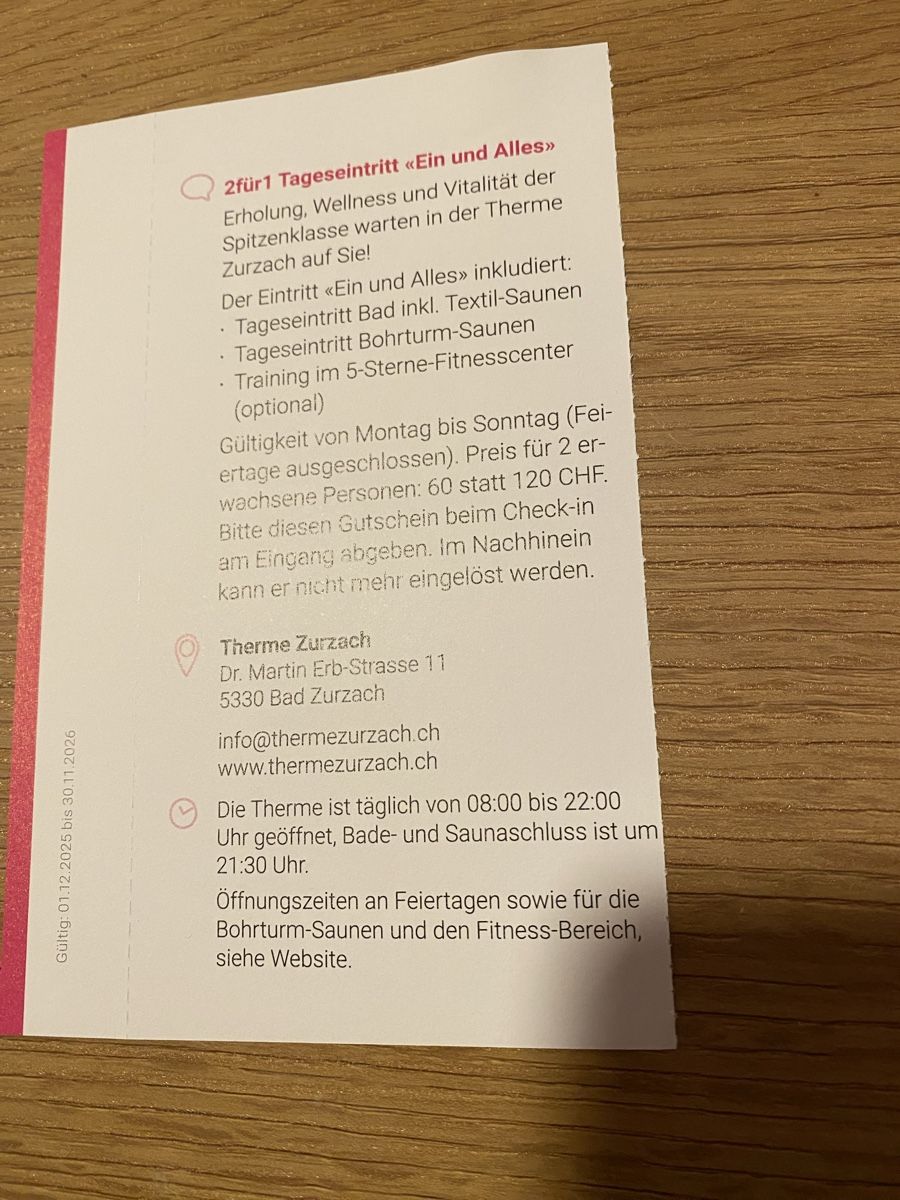 2:1 Gutschein Therme Zurzach gültig bis am 30.11.26 (Neu (gemäss ...