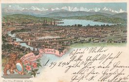 Zürich ZH Stadtpanorama See und Alpen Litho
