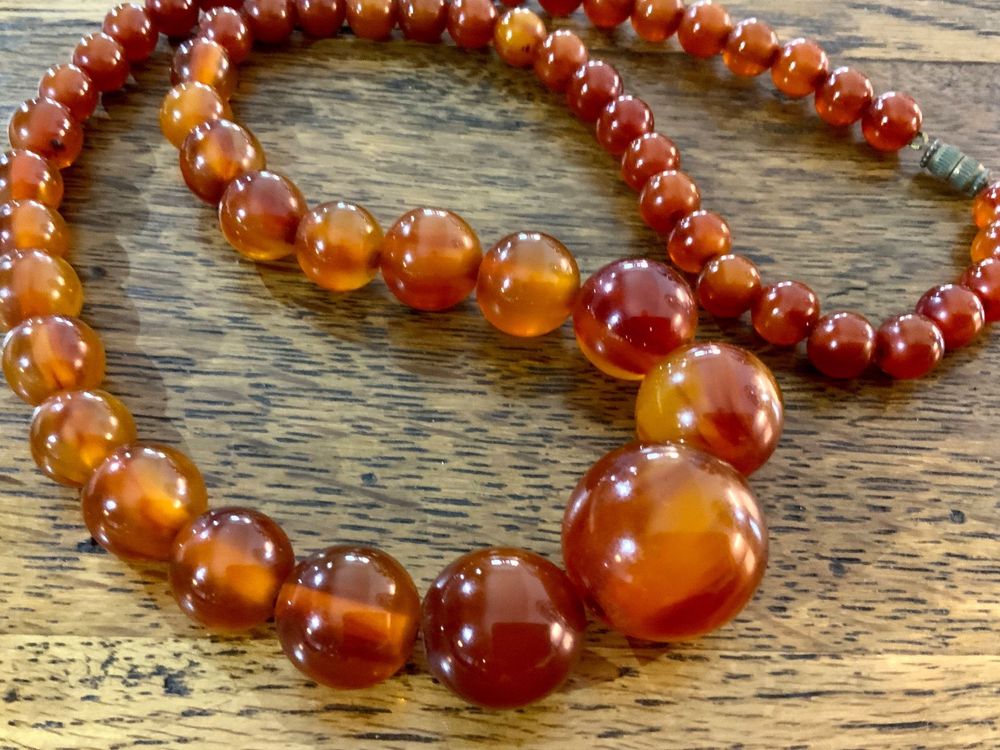 Collier Art Déco Vintage Années 30 En Bakélite Caramel Marbré - Collier Mi-long - Occasion TBE