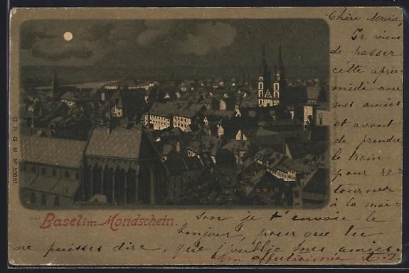 Cartoline postali: Litho Basel, Ortsansicht im Mondschein – Usato da Berlin venduto da bartko-reher