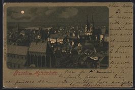 Litho Basel, Ortsansicht im Mondschein