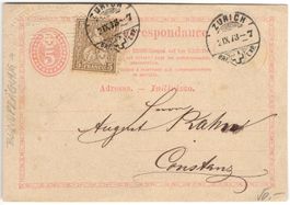 seltene Postkarte mit ZF von ZÜRICH nach KONSTANZ vor UPU