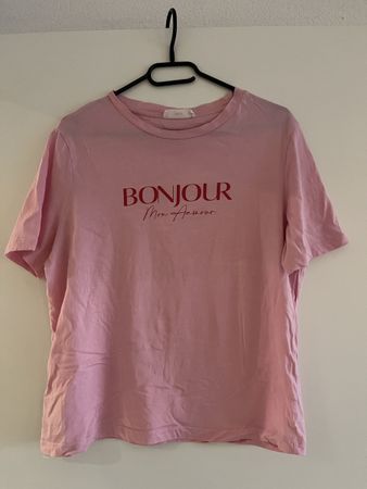 Süsses T-Shirt mit Aufdruck "Bonjour", Grösse L, Rosa