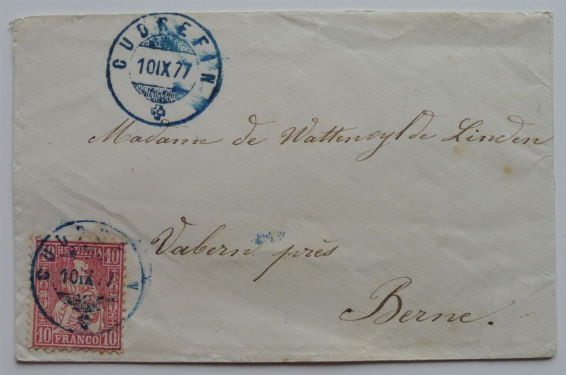 Alle Briefmarken: 1877, Brief von Cudrefin, Stempel blau! – Gebraucht aus Ebikon von SilvioFreund