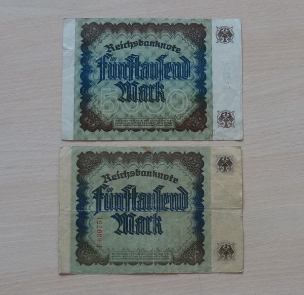Banknoten: DR ++ 2x 5000 Mark 1922 (2 Typen) – Gebraucht aus Walkringen von Casablanca777 2