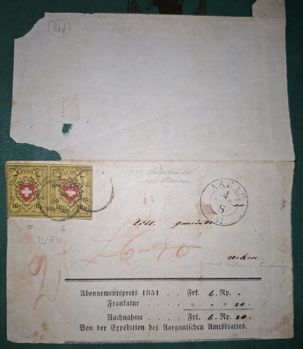 Tutti i francobolli: Rayon 16II Adressteil Stein B Typ 5 / Typ 6 PP Aarau – Usato da Balgach venduto da SIMEON27 2
