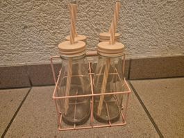 4 Trinkgläser mit Strohhalm, Körbli vintage, shabby