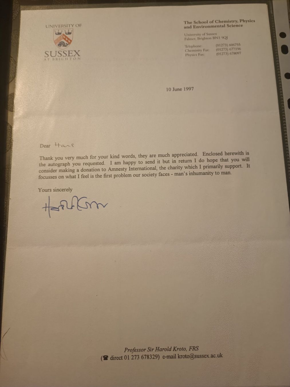 Autographes: Harold Kroto -  Nobelpreis - † 2016 – D'occasion à Menziken par Artographs