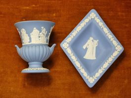 Wedgwood Jasperware Set, Vase & Schale, blau