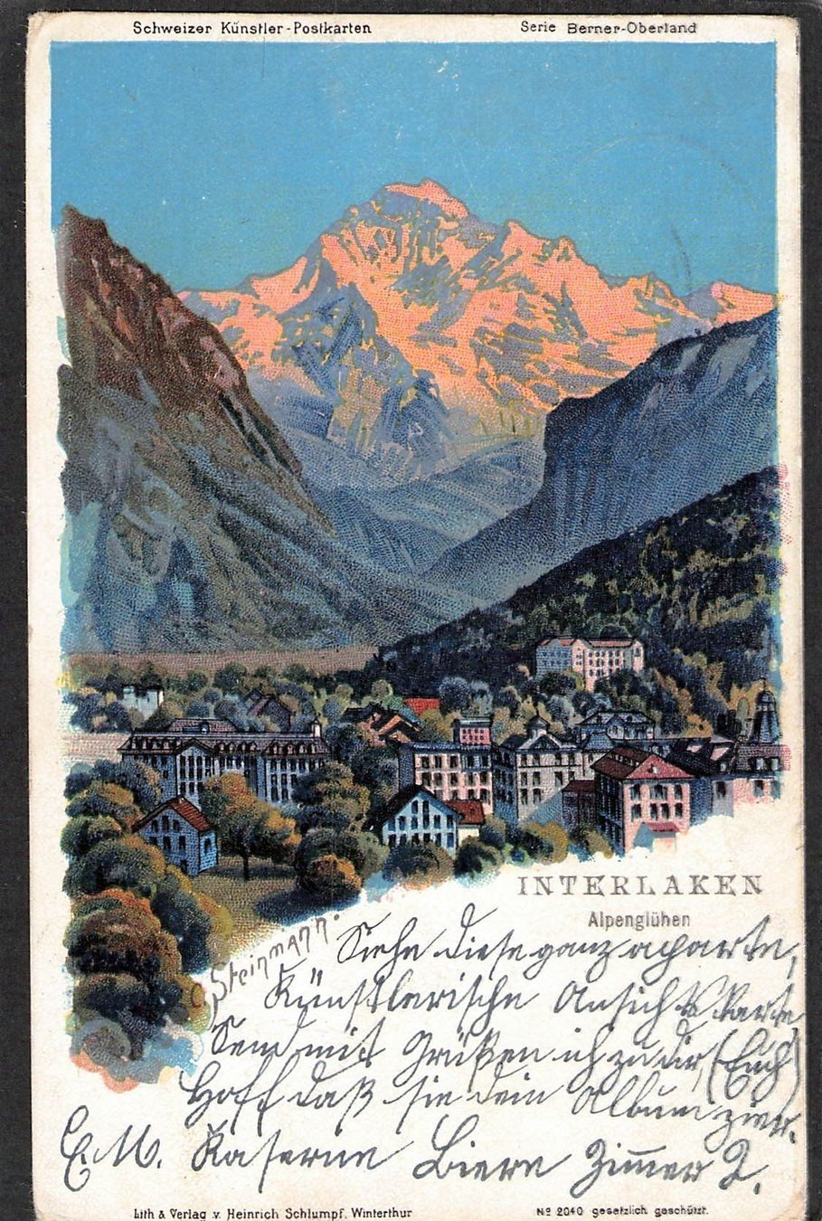 Cartoline postali: -Litho Interlaken , Alpenglühen , 1902 – Usato da Reichenburg venduto da Pipo-67
