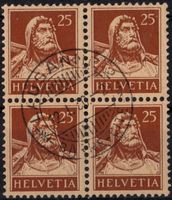 25 Rp. Tell - Viererblock m. Zentrumstempel LAUSANNE 12.I.30