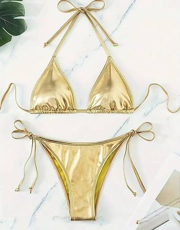 🔥Gold Metallic Bikini Damen Sexy - Gr.S - Gratis Versand