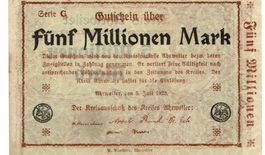 Ahrweiler 5 Mil.Mark+Prägestempel SerieG 05.07.1923 VZ+-VZ++