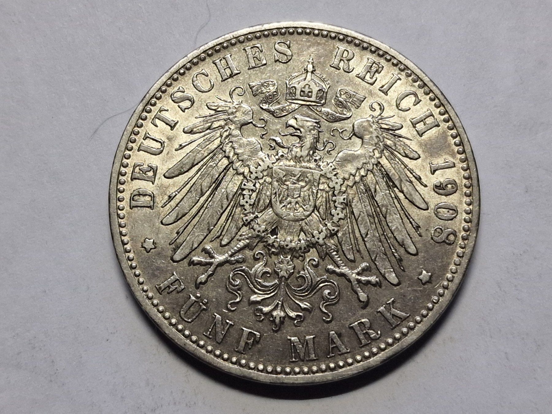 Tutti le monete: Deutschland 5- Mark Bayern 1908 Silber  . – Usato da Zürich venduto da Moreira01