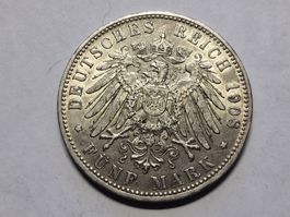 Deutschland 5- Mark Bayern 1908 Silber  .
