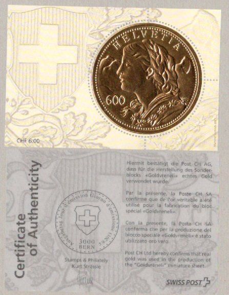 Tutti i francobolli: Goldvreneli - Block mit Certificate 5.9.2013 – Nuovo (secondo la descrizione) da Bonstetten venduto da Pinguin75