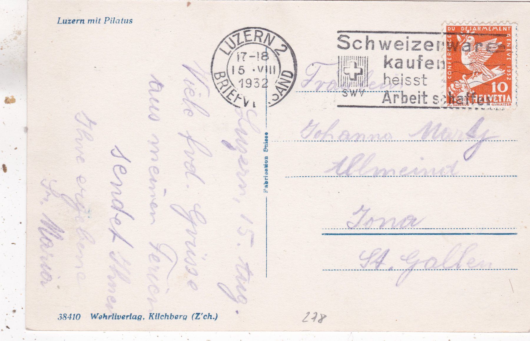 Cartoline postali: Luzern mit Pilatus 1932 – Usato da Herisau venduto da Lisegrat2008 1