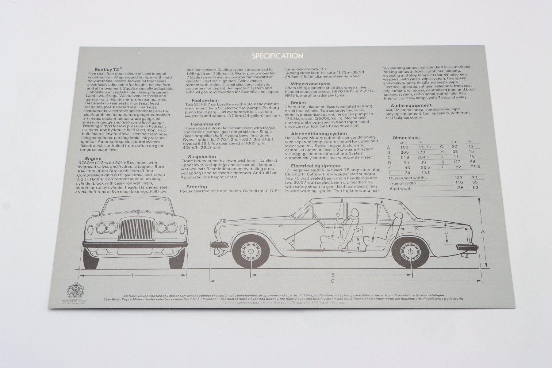 Bentley Documents: Bentley T2 1978 Prospektblatt – D'occasion à Bühl b.Aarberg par Collectorpassions 3