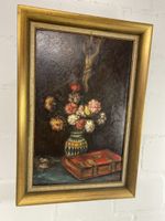 Ölgemälde Stillleben mit Blumen und Buch, Goldrahmen
