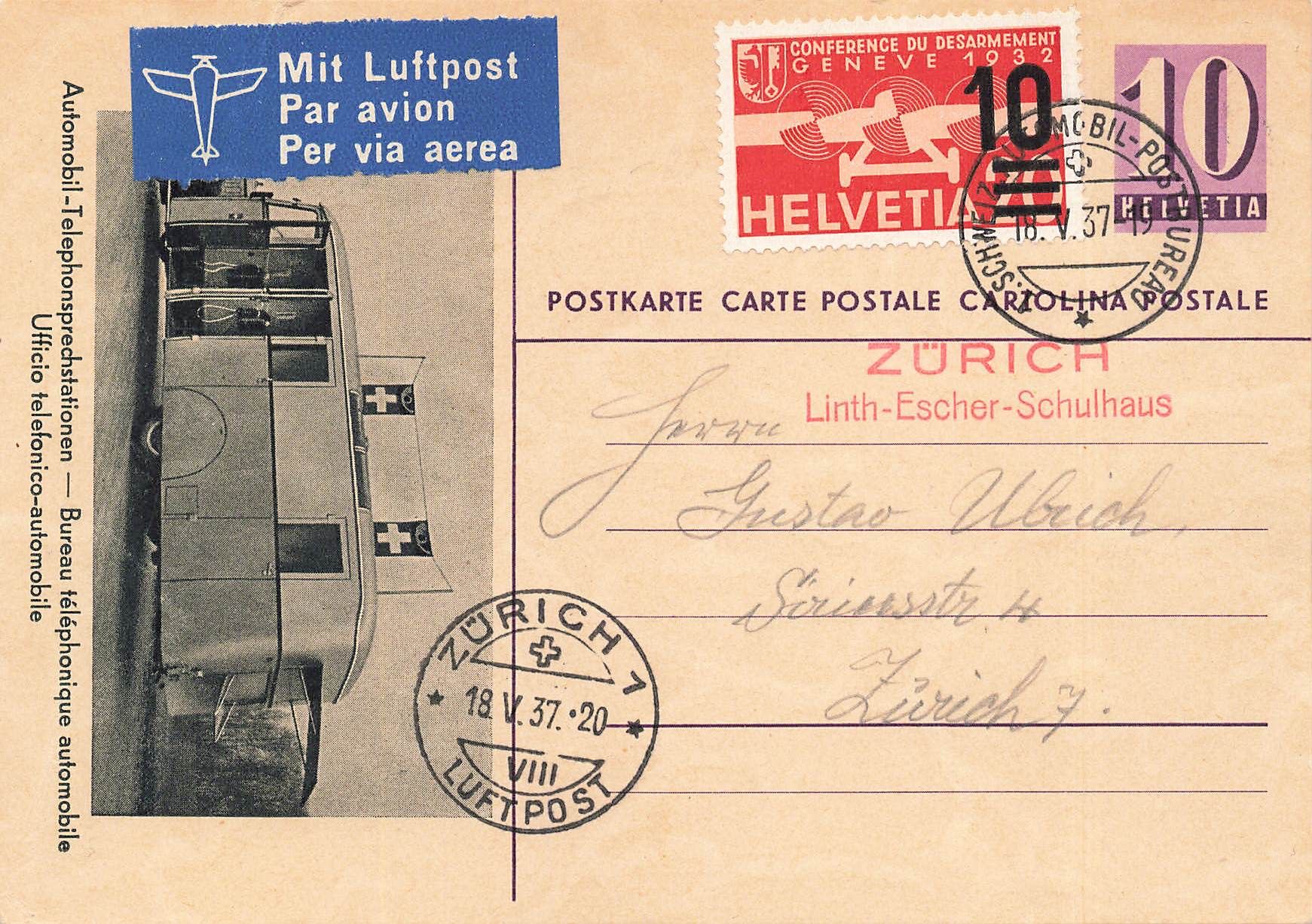 Tutti i francobolli: Flugpost Zürich 1937 Postkarte – Usato da Biasca venduto da Blenio71
