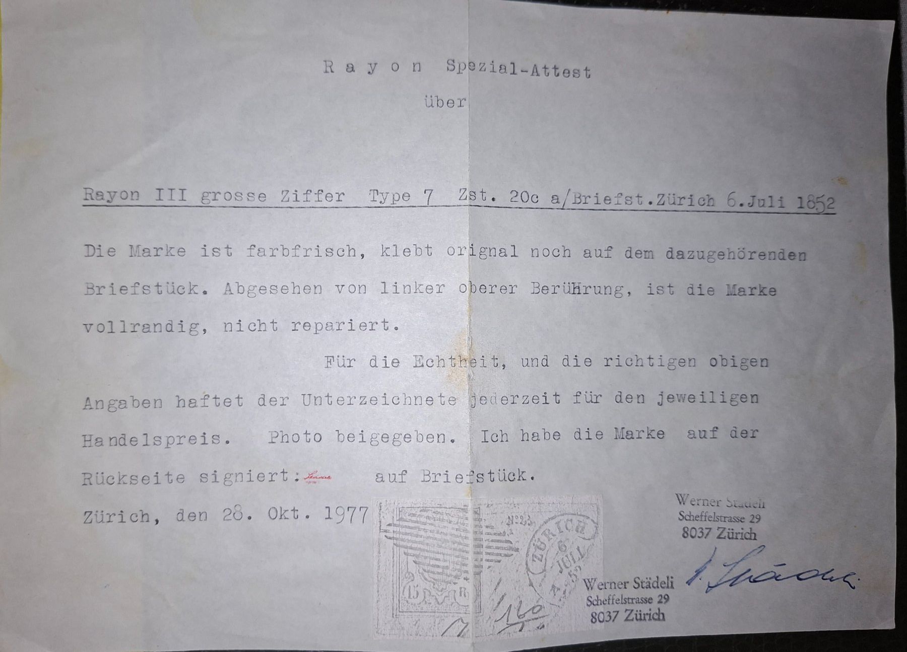 Alle Briefmarken: Rayon Nr. 20 Typ 7 UM - II Kat. 200.- mit Attest – Gebraucht aus Balgach von SIMEON27 1