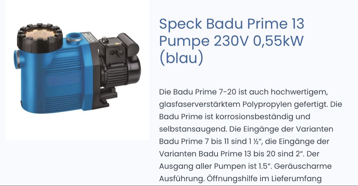Speck Accessori per Piscine: Poolpumpe Speck Badu Prime 13 – Nuovo e nell'imballaggio originale da Trimmis venduto da Abbate 3