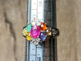 Multicolor Saphir, Rubin, Smaragd 925 Silber Ring vergoldet