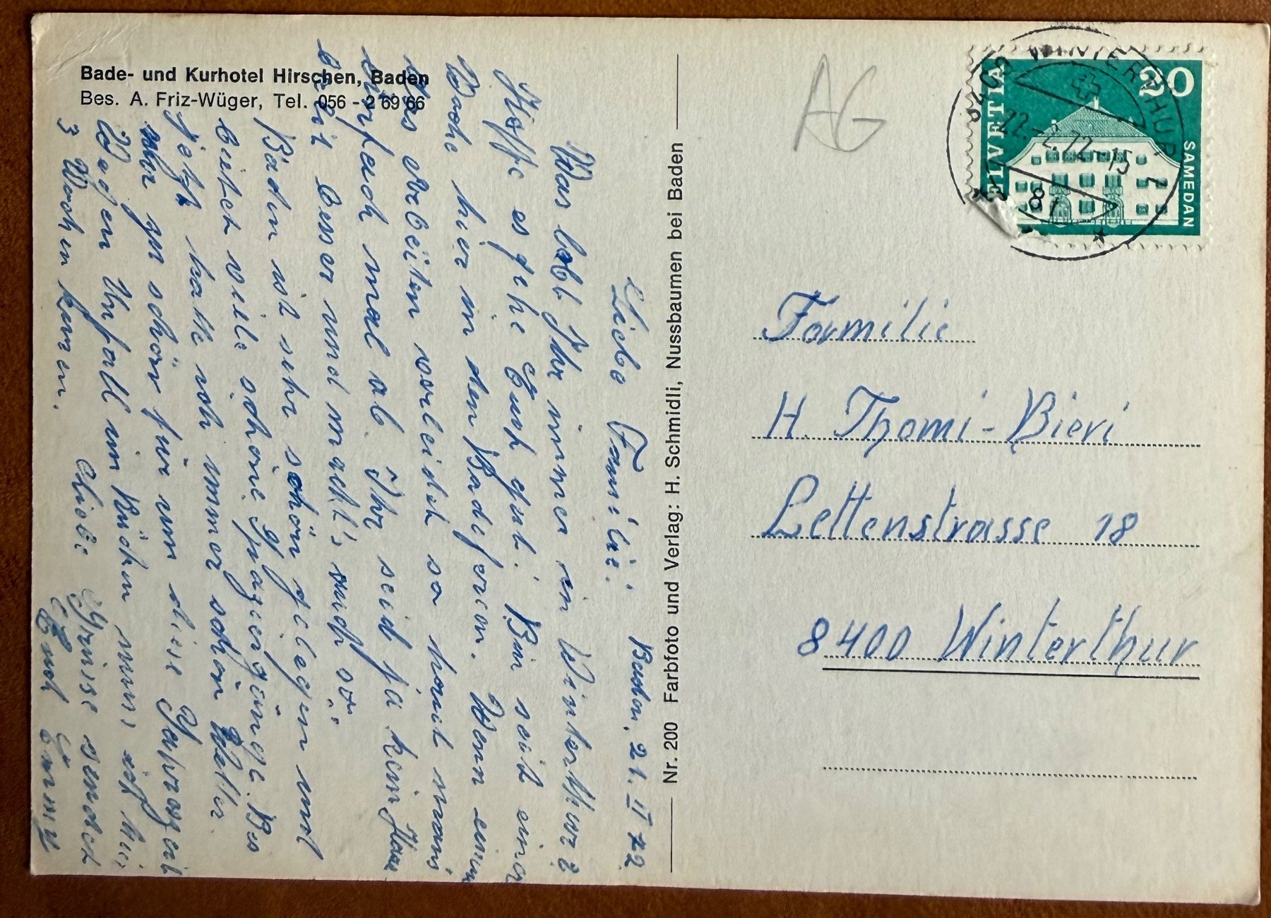 Cartoline postali: Baden -  Hotel Hirchen 1972 – Usato da Lutry venduto da Ediego 1