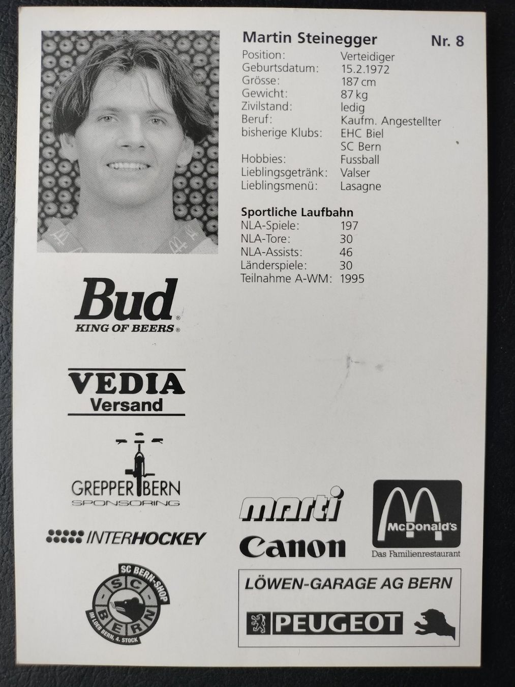 Autografi: Autogrammkarte SC Bern, SCB , Martin Steinegger – Usato da Schwanden Sigrisw venduto da cadieux71 1