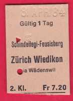 KARTON BILLETT, SCHINDELLEGI-FEUSISBERG - ZÜRICH WIEDIKON,