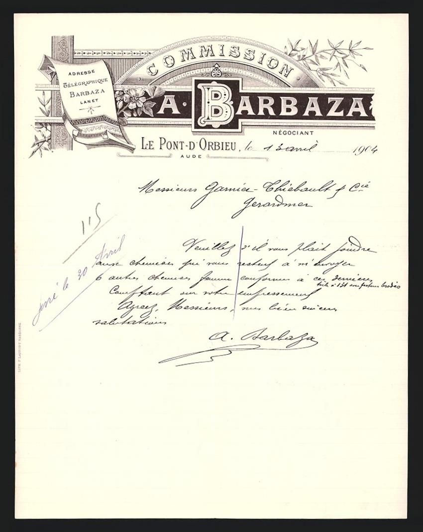 Sonstiges zum Sammeln & Seltenes: Rechnung Le Pont-d'Orbieu 1904, A. Barba – Gebraucht aus Berlin von bartko-reher