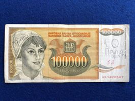 Belgrad 1993 - Jugoslawien - 100000 Dinara - mit Aufschrift