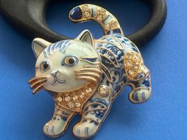 Luxus Elegante  Brosche Katze 🐈‍⬛ Farbe: Gold/ blau