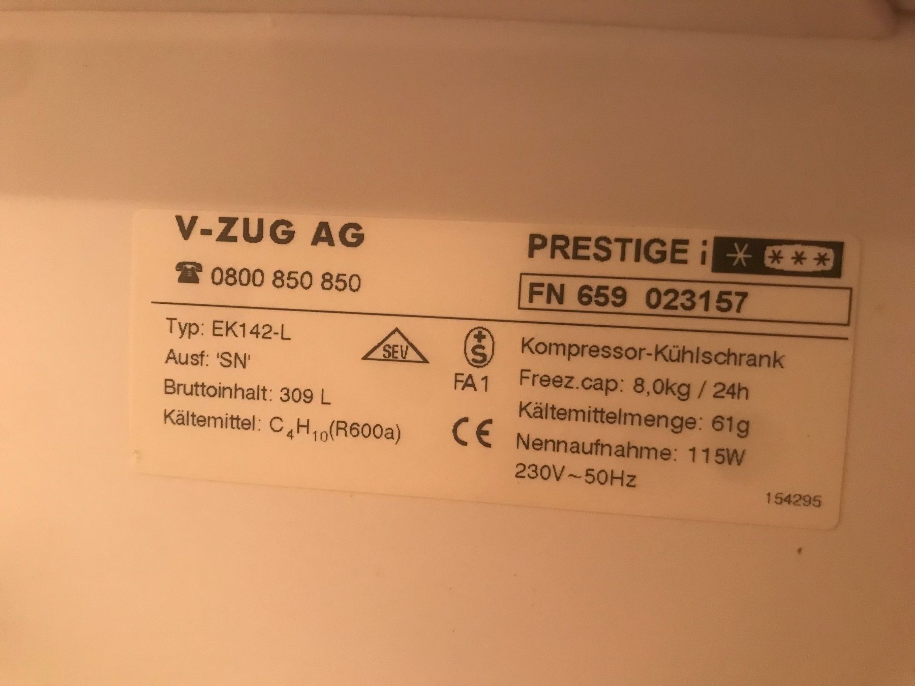V-Zug Kühlschrank: Einbaukühlschrank 310 ltr – Gebraucht aus Eichberg von Ranney 1