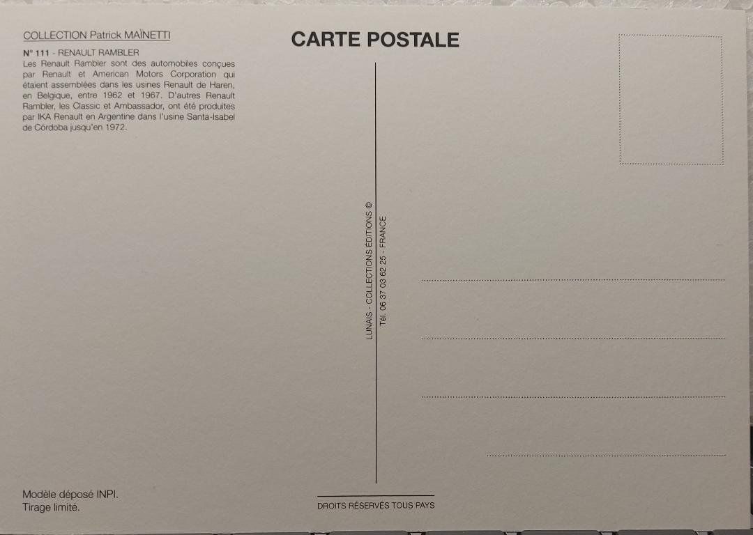 Cartoline postali: RENAULT RAMBLER  1962 - 1967 – Nuovo (secondo la descrizione) da Delémont venduto da Domdom1 1