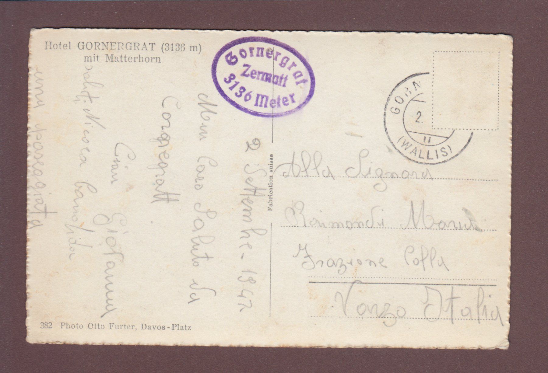 Cartoline postali: GORNERGRAT - Kulm-Hotel - Matterhorn - 1947 – Usato da Pully venduto da nicecards 1