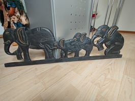 Wanddekoration Asiatische Elefanten aus Holz Schwarz, 100cm